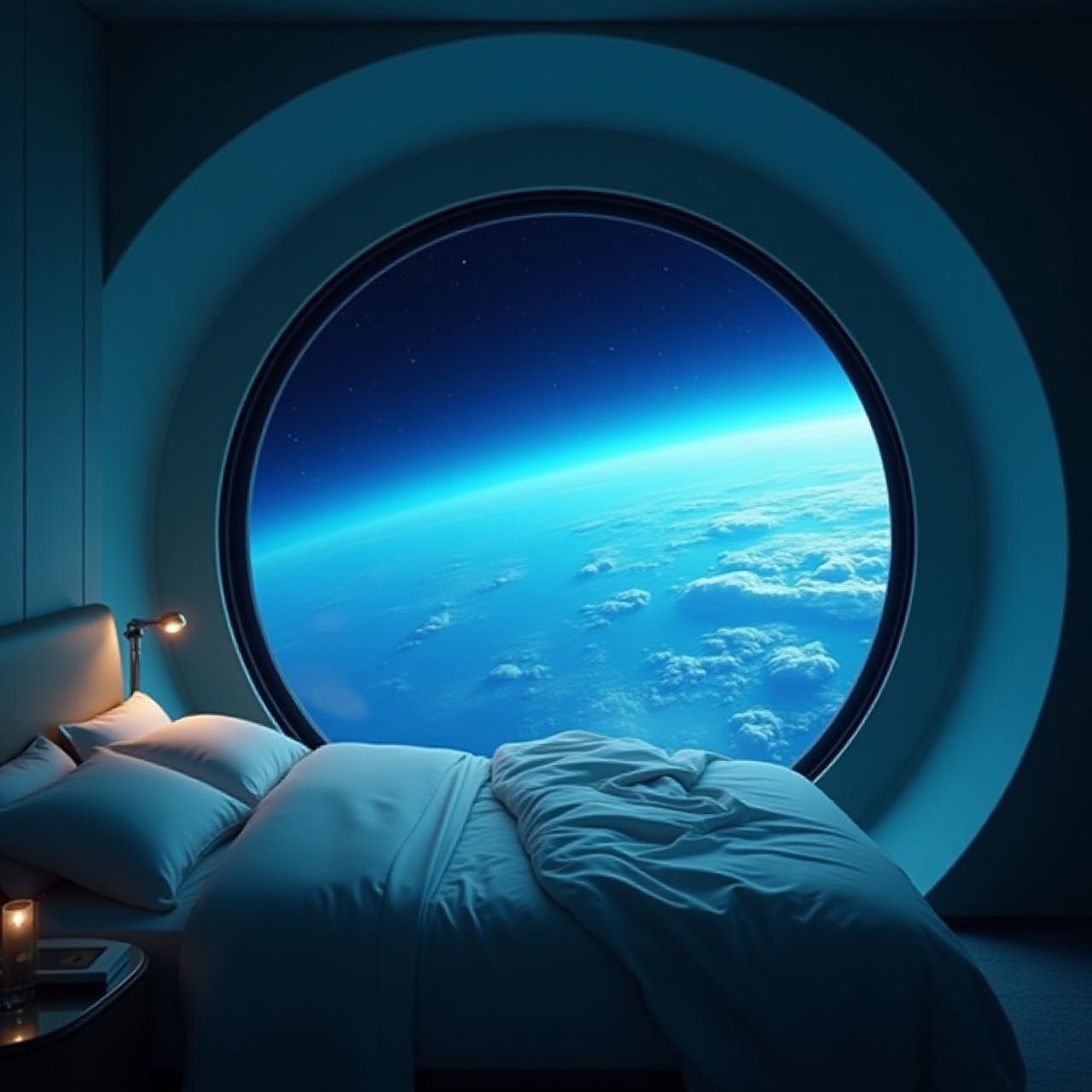 Luxury space hotel suite overlooking Earth