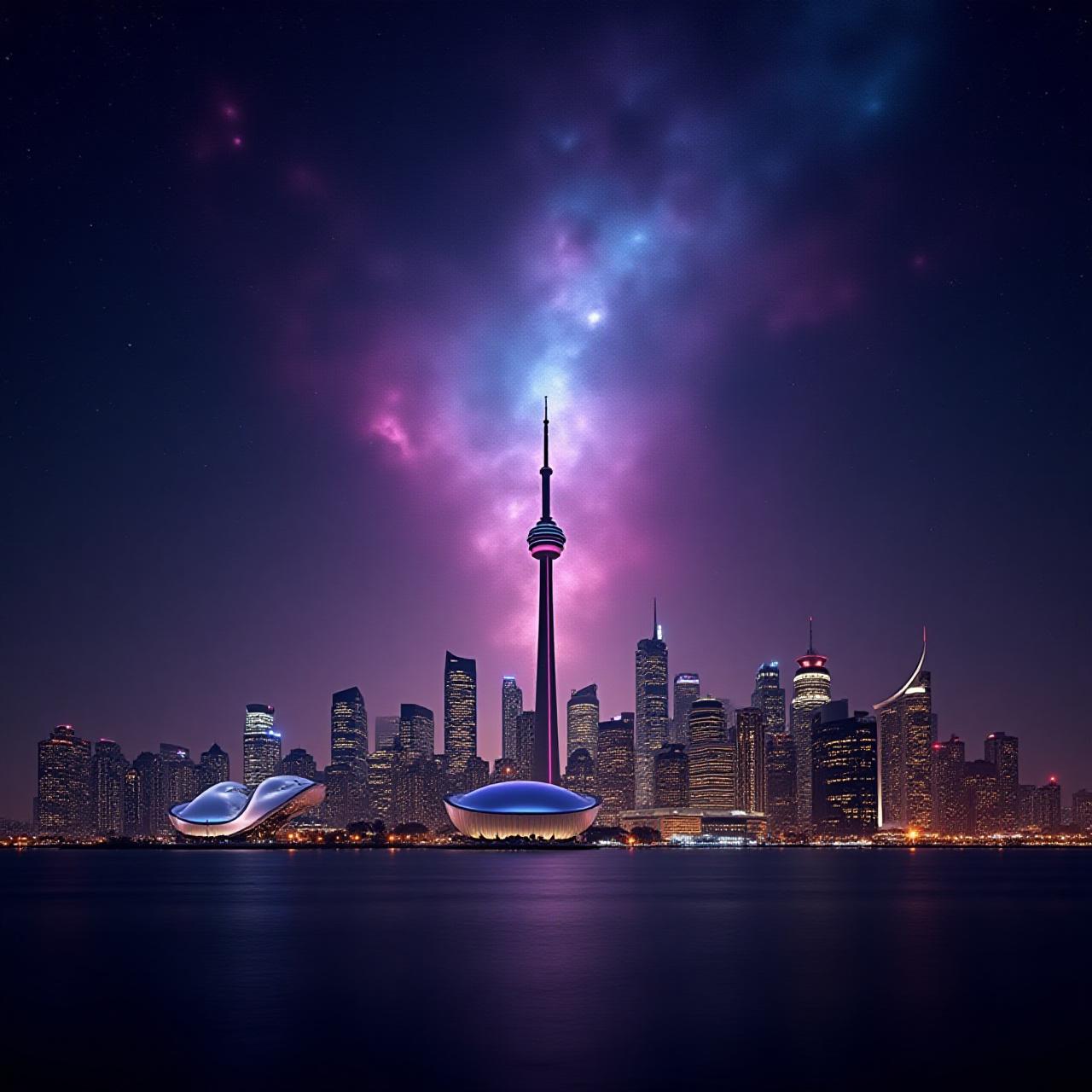 Futuristic Toronto skyline with celestial elements